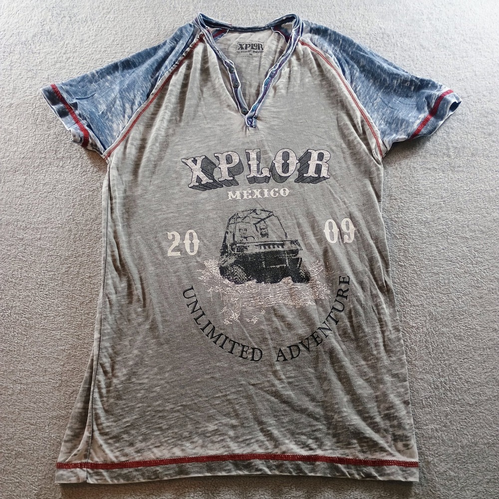Xplor Mens Mexico 2009 Graphic Tee Grey Blue Medium Burnout Henley Raglan